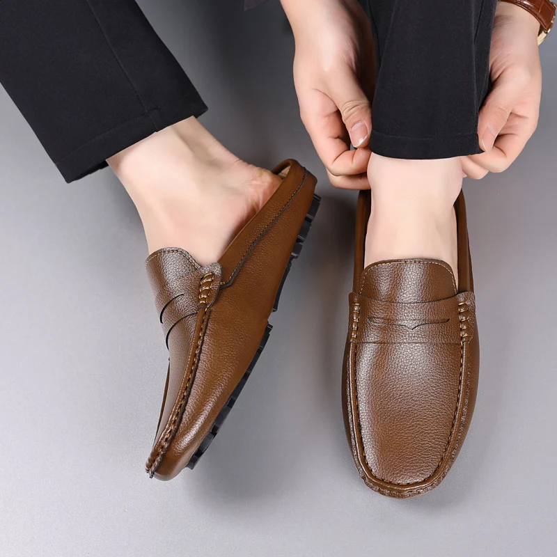 YRZL Loafers Summer Slip on Half Shoes for Men Leather Slippers Casual Breathable Comfy Loafers Moccasins Brown Black Beige