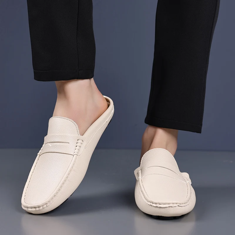YRZL Loafers Summer Slip on Half Shoes for Men Leather Slippers Casual Breathable Comfy Loafers Moccasins Brown Black Beige