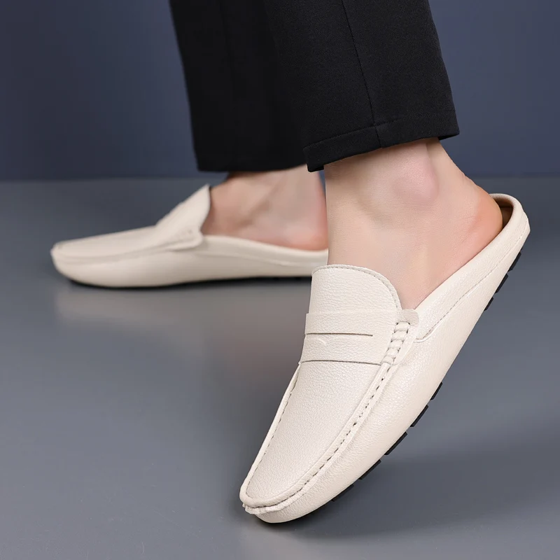 YRZL Loafers Summer Slip on Half Shoes for Men Leather Slippers Casual Breathable Comfy Loafers Moccasins Brown Black Beige
