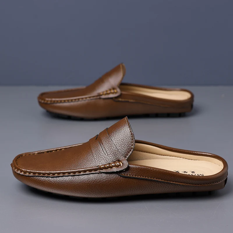 YRZL Loafers Summer Slip on Half Shoes for Men Leather Slippers Casual Breathable Comfy Loafers Moccasins Brown Black Beige