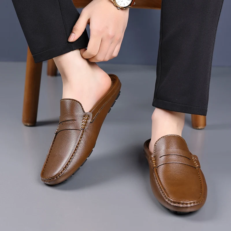 YRZL Loafers Summer Slip on Half Shoes for Men Leather Slippers Casual Breathable Comfy Loafers Moccasins Brown Black Beige
