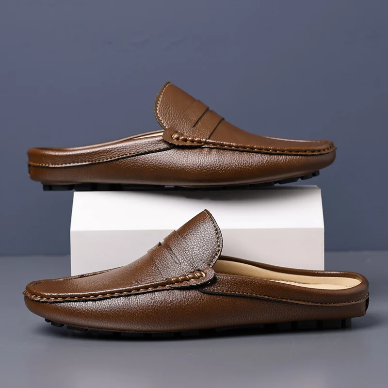 YRZL Loafers Summer Slip on Half Shoes for Men Leather Slippers Casual Breathable Comfy Loafers Moccasins Brown Black Beige