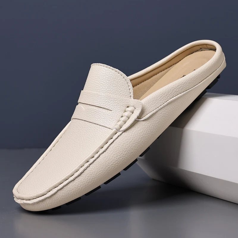 YRZL Loafers Summer Slip on Half Shoes for Men Leather Slippers Casual Breathable Comfy Loafers Moccasins Brown Black Beige