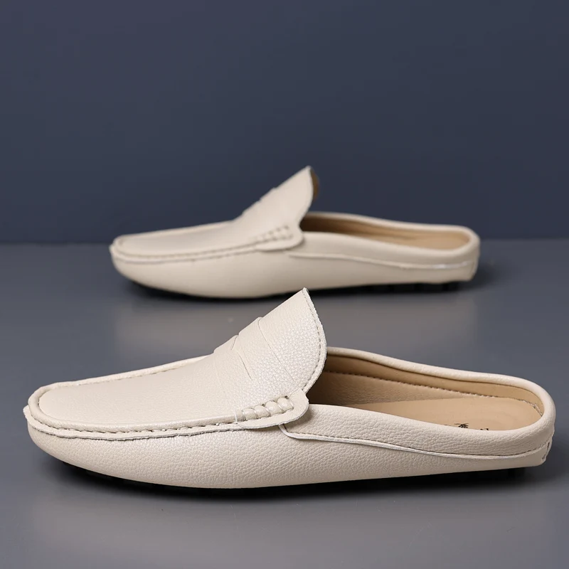YRZL Loafers Summer Slip on Half Shoes for Men Leather Slippers Casual Breathable Comfy Loafers Moccasins Brown Black Beige