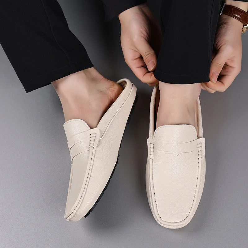 YRZL Loafers Summer Slip on Half Shoes for Men Leather Slippers Casual Breathable Comfy Loafers Moccasins Brown Black Beige