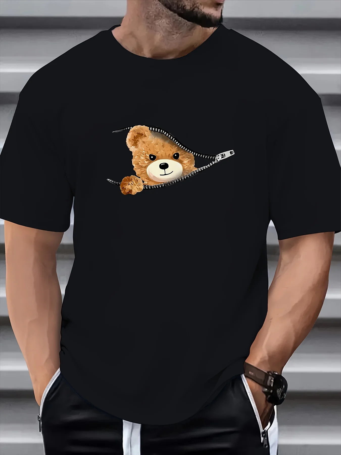 100% Cotton Men's Summer Loose Fitting Casual Stylish Bear Pattern Print Round Neck Short Sleeved T-Shirt Top