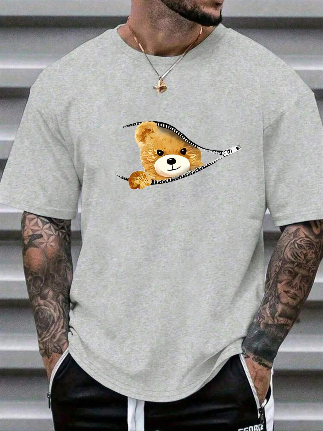 100% Cotton Men's Summer Loose Fitting Casual Stylish Bear Pattern Print Round Neck Short Sleeved T-Shirt Top