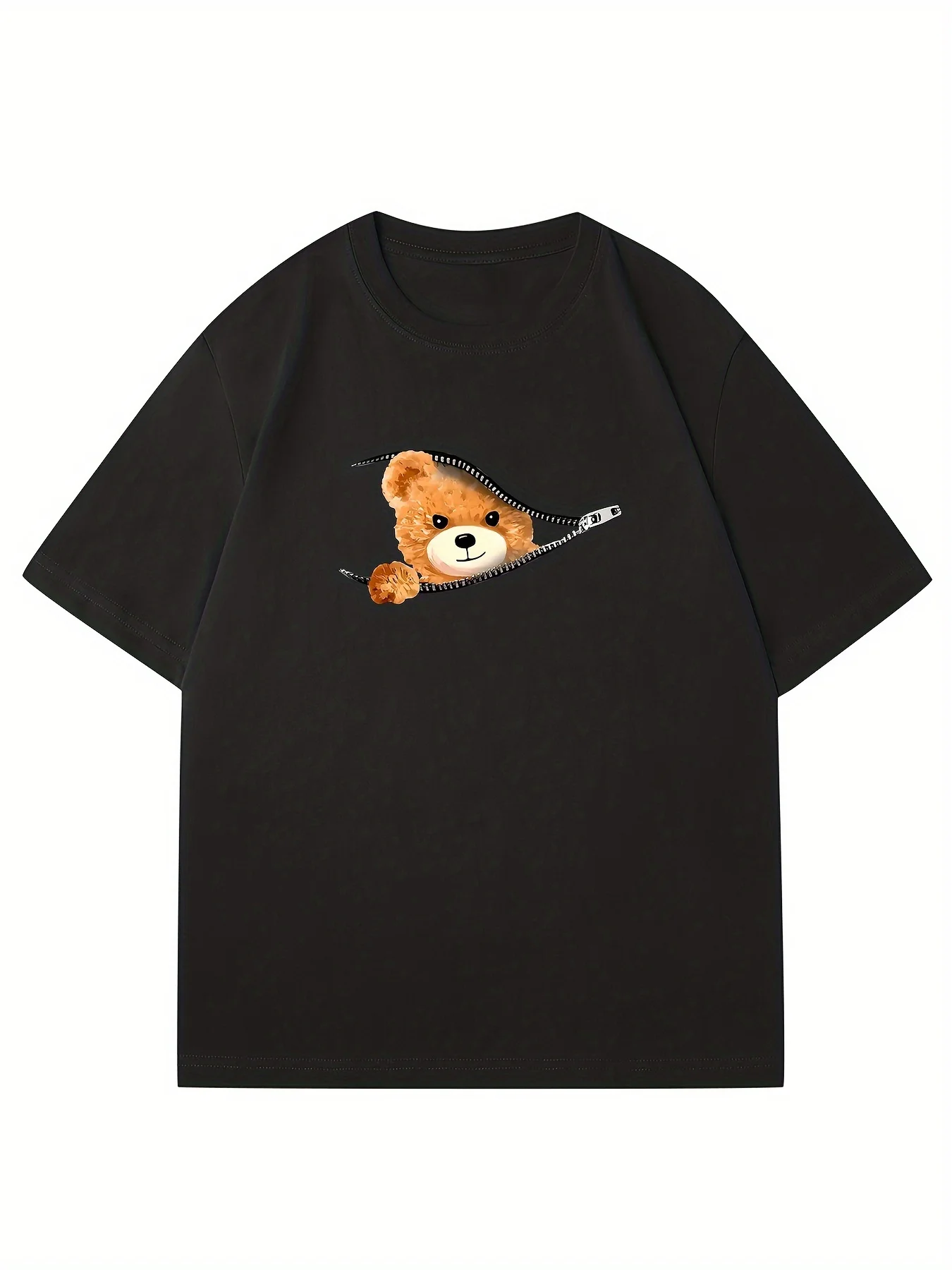 100% Cotton Men's Summer Loose Fitting Casual Stylish Bear Pattern Print Round Neck Short Sleeved T-Shirt Top