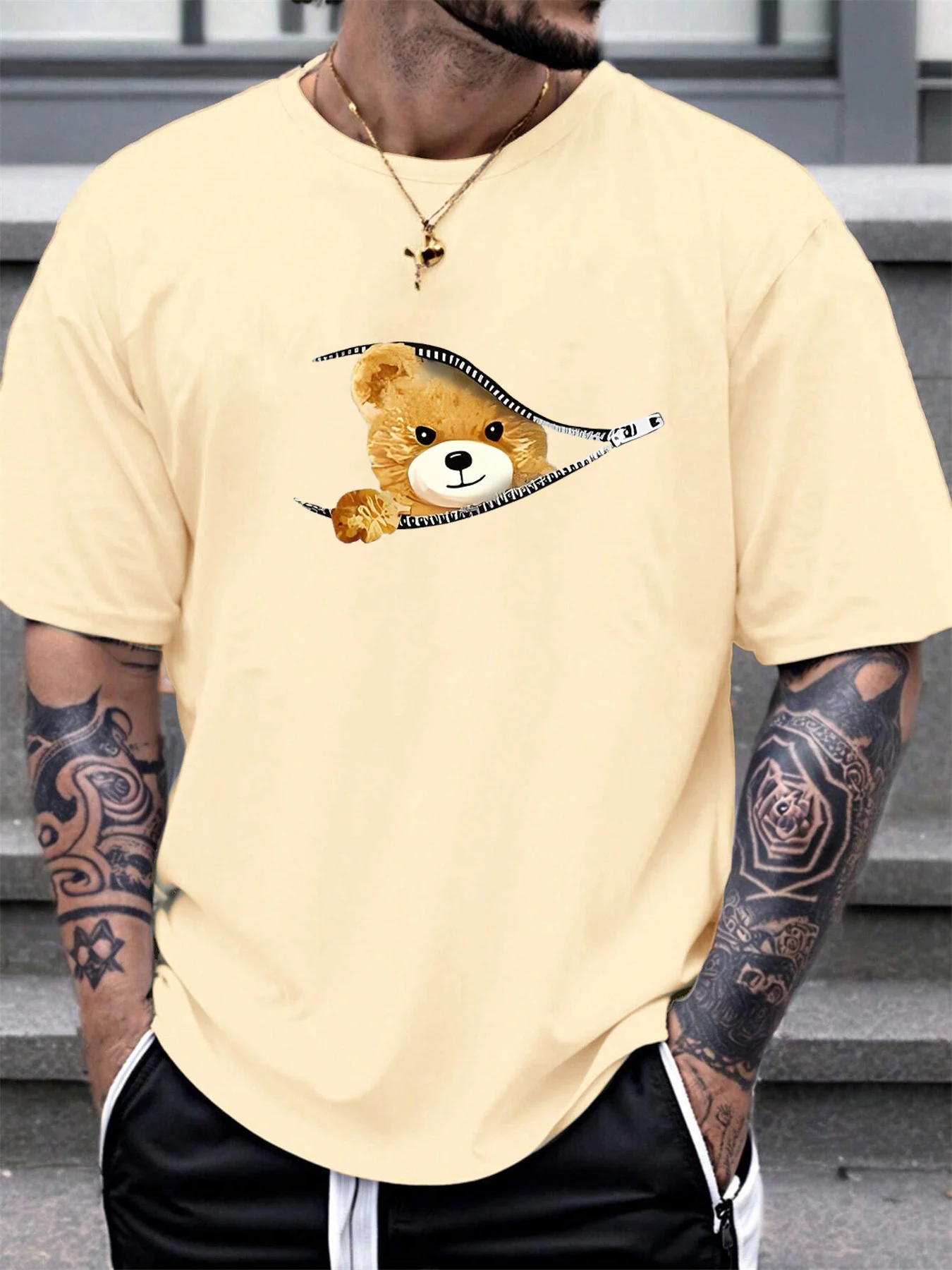 100% Cotton Men's Summer Loose Fitting Casual Stylish Bear Pattern Print Round Neck Short Sleeved T-Shirt Top