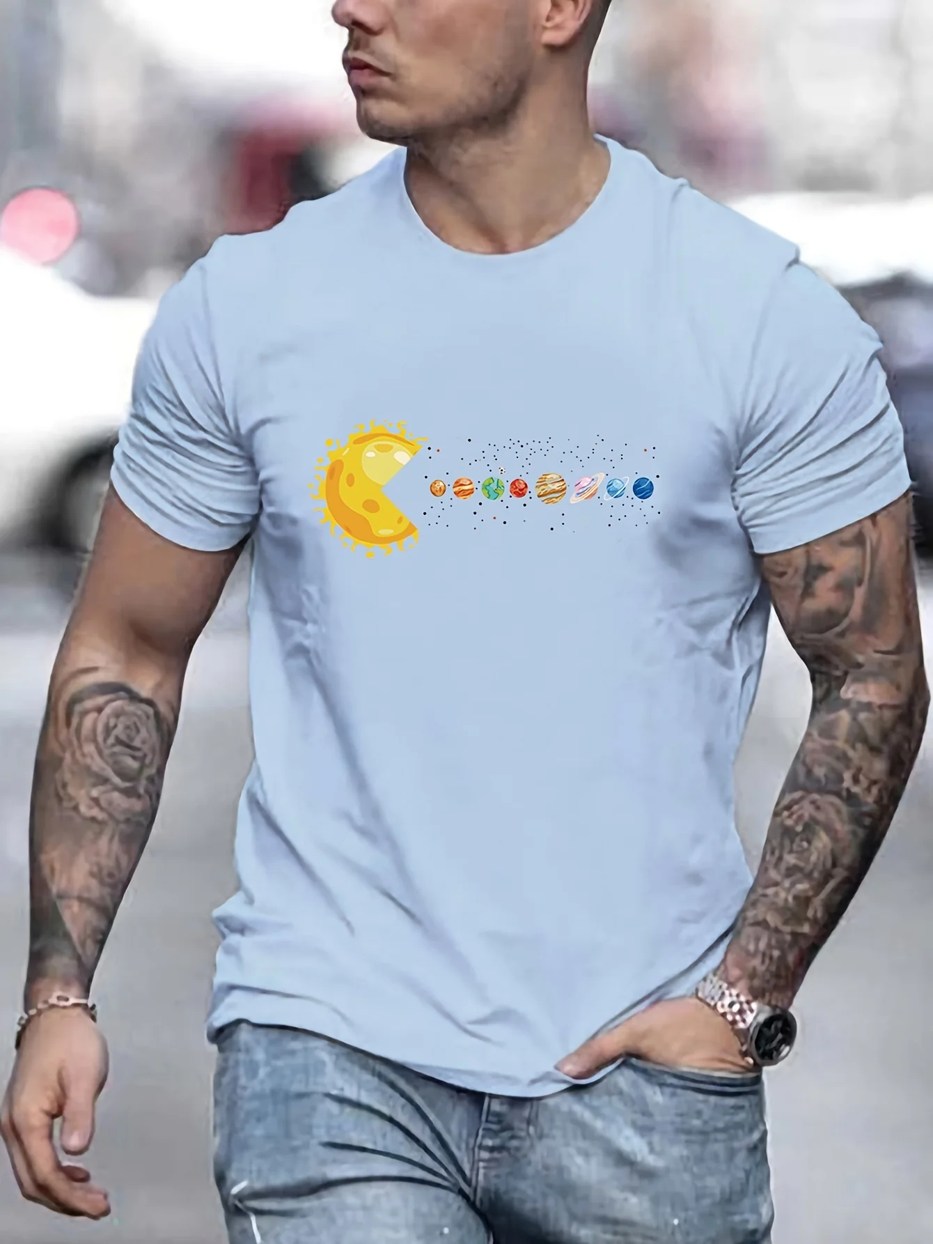 Men's Solar System Planets Print T-Shirt Casual Quick Drying Breathable Short Sleeve T-Shirt for Running And Training