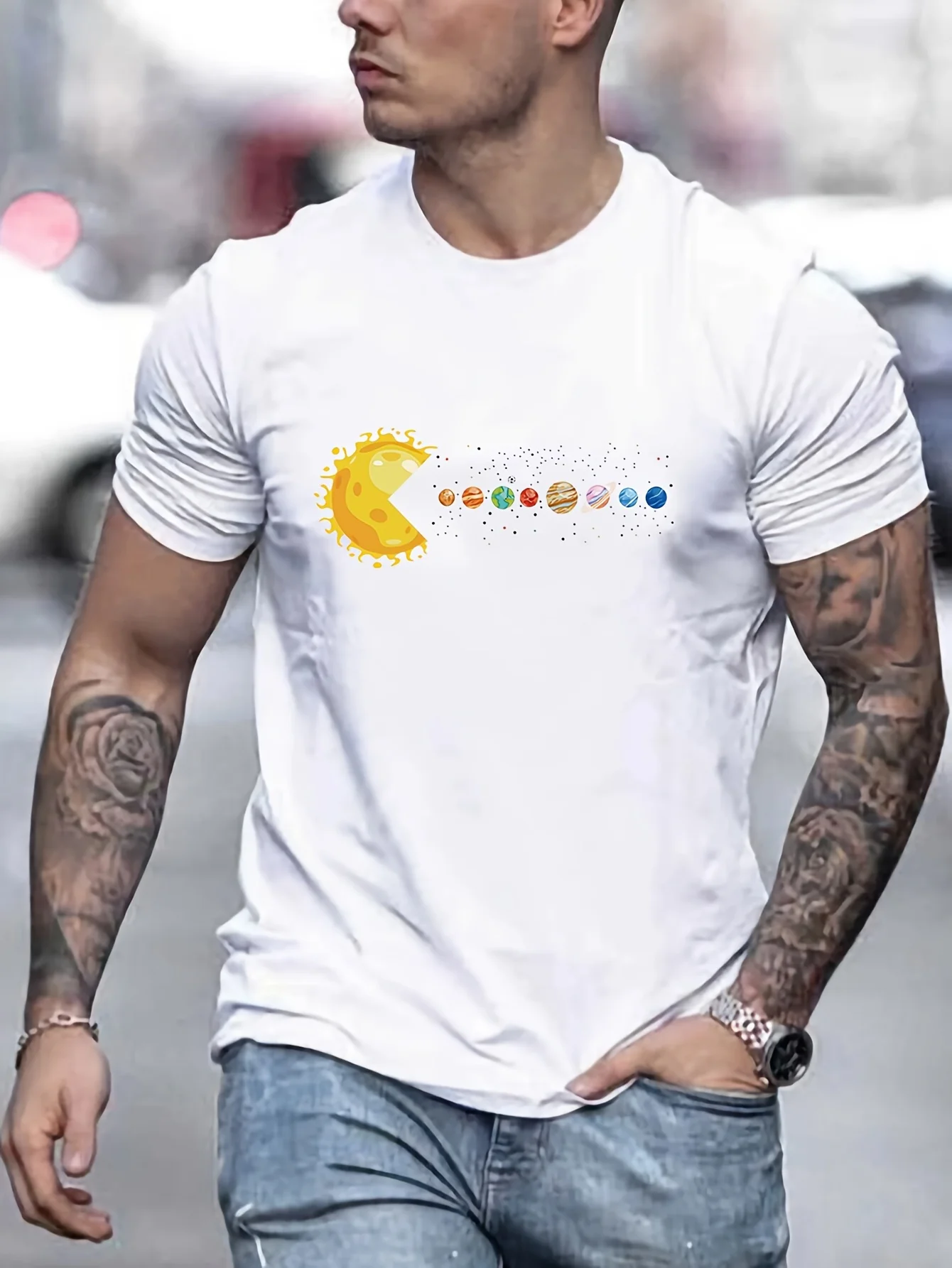 Men's Solar System Planets Print T-Shirt Casual Quick Drying Breathable Short Sleeve T-Shirt for Running And Training