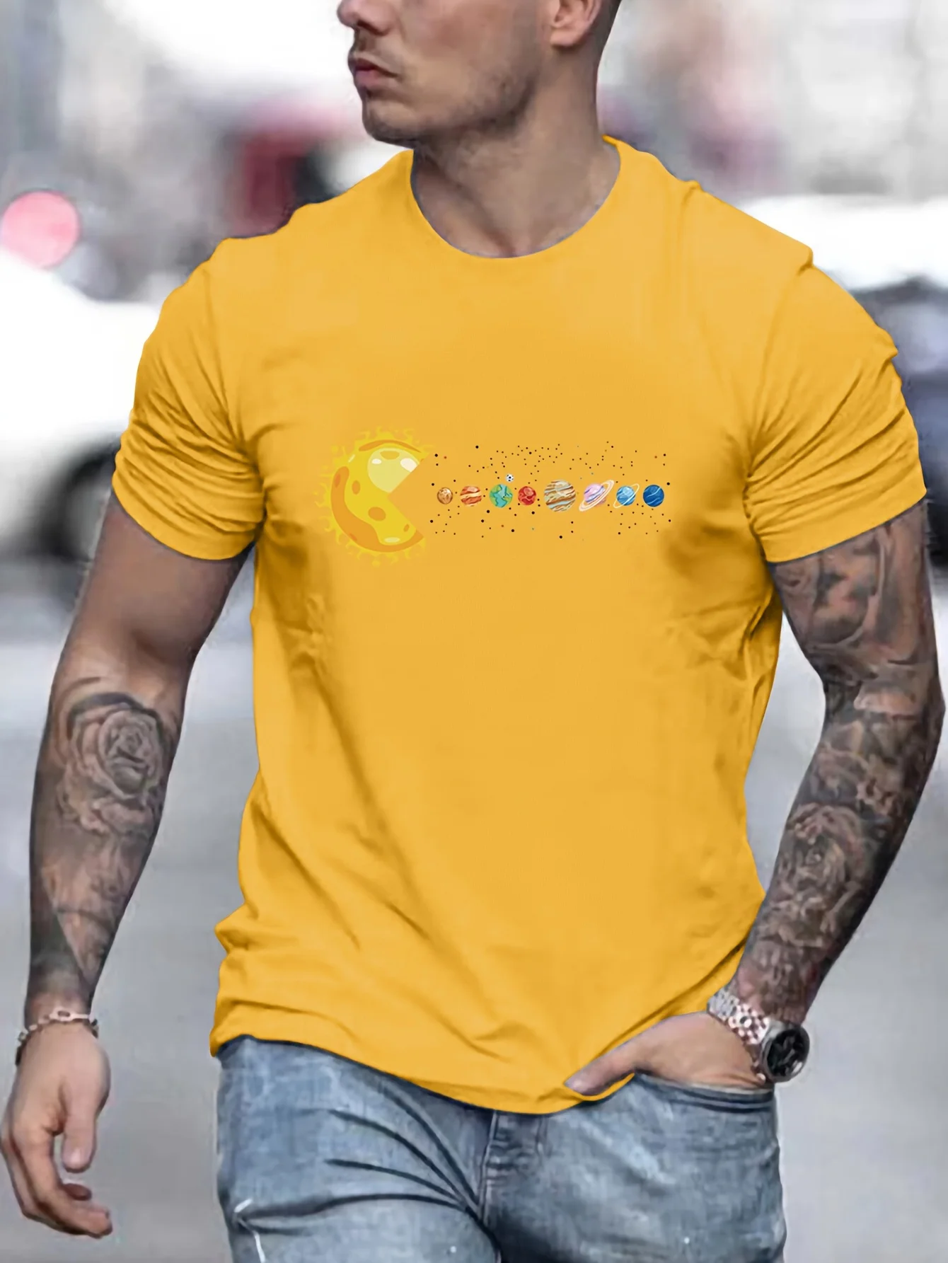 Men's Solar System Planets Print T-Shirt Casual Quick Drying Breathable Short Sleeve T-Shirt for Running And Training
