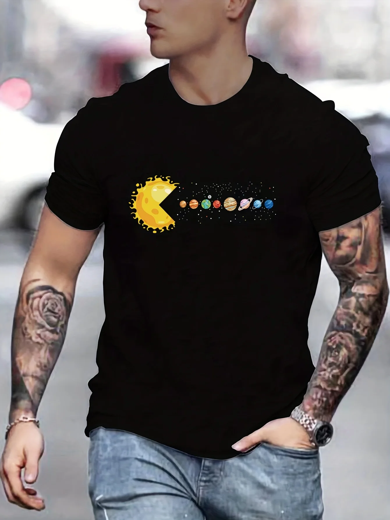Men's Solar System Planets Print T-Shirt Casual Quick Drying Breathable Short Sleeve T-Shirt for Running And Training