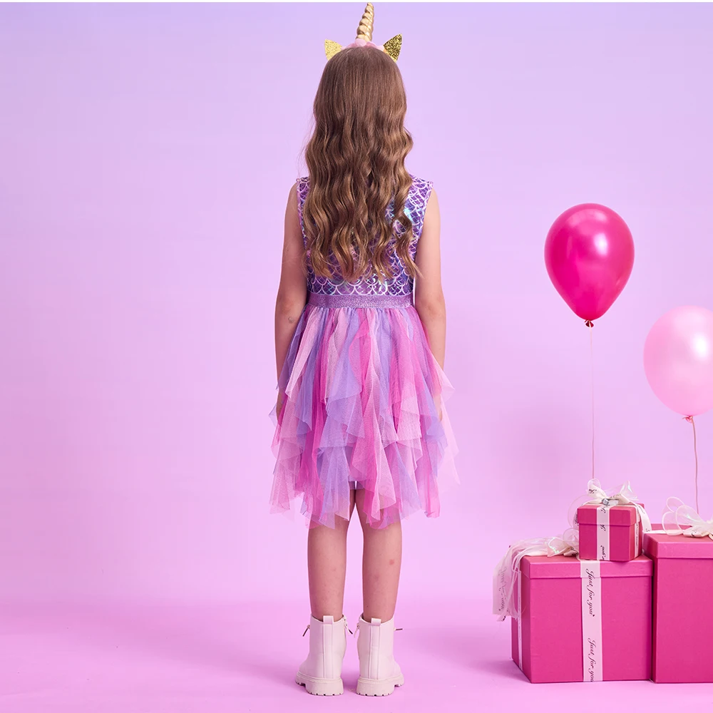 DXTON Summer Sleeveless Dresses For Girls Irregular Tulle Kids Princess Dress Mermaid Party Prom Toddler Children Costumes 3-12Y