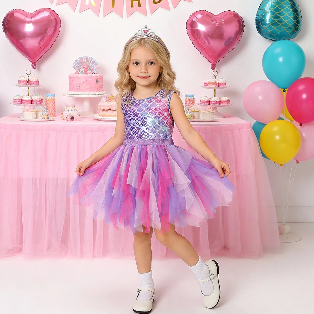 DXTON Summer Sleeveless Dresses For Girls Irregular Tulle Kids Princess Dress Mermaid Party Prom Toddler Children Costumes 3-12Y