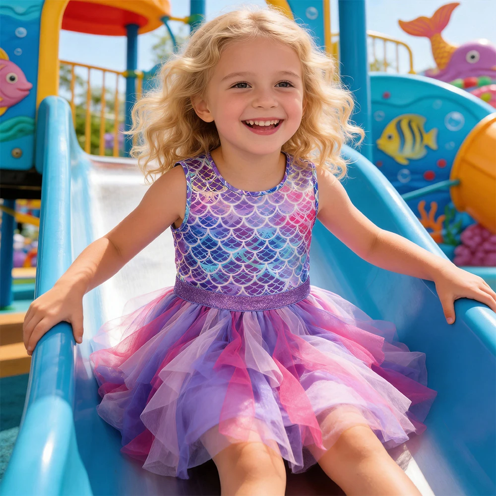 DXTON Summer Sleeveless Dresses For Girls Irregular Tulle Kids Princess Dress Mermaid Party Prom Toddler Children Costumes 3-12Y