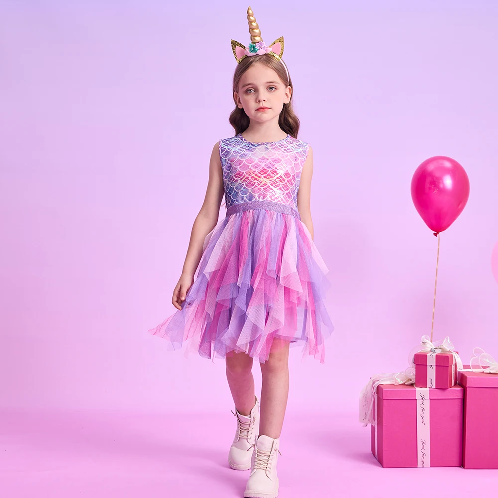 DXTON Summer Sleeveless Dresses For Girls Irregular Tulle Kids Princess Dress Mermaid Party Prom Toddler Children Costumes 3-12Y