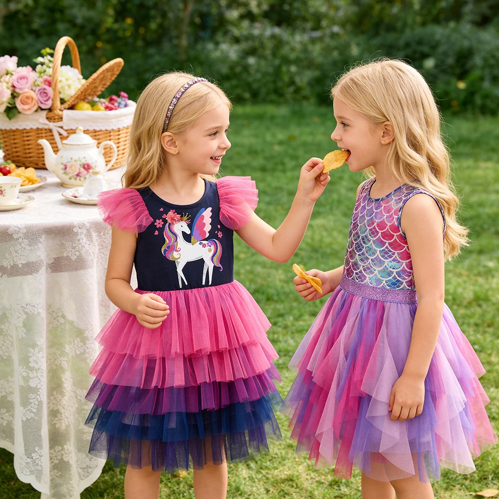 DXTON Summer Sleeveless Dresses For Girls Irregular Tulle Kids Princess Dress Mermaid Party Prom Toddler Children Costumes 3-12Y