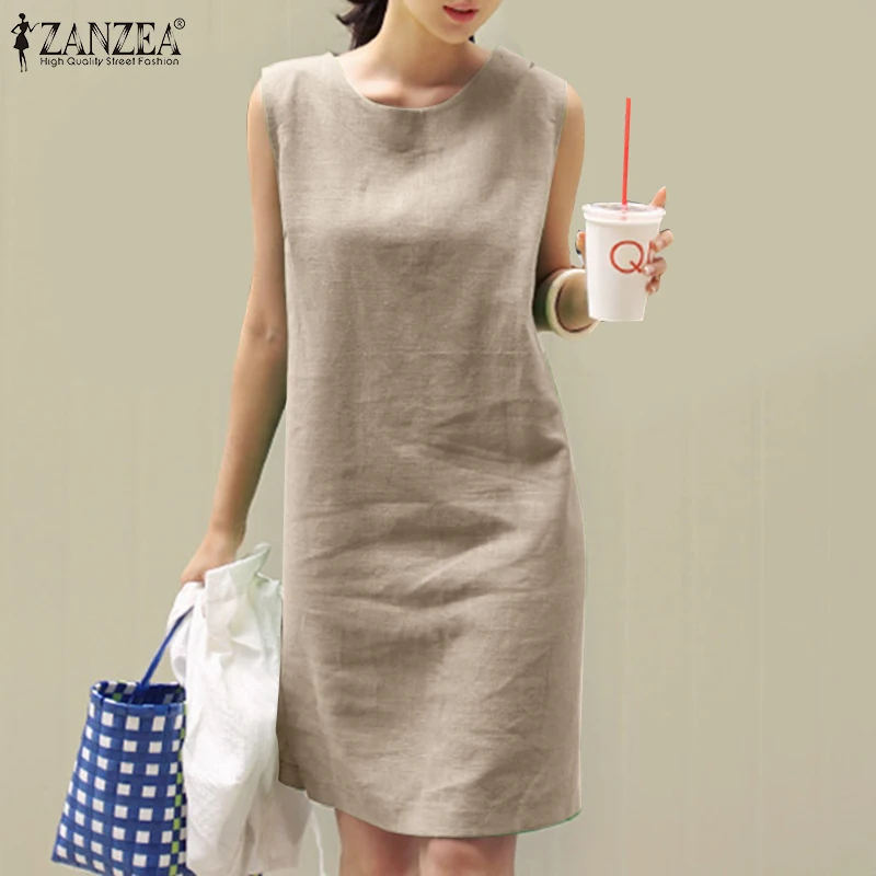 2024 Summer Dress ZANZEA Fashion Sleeveless Beach Vestidos Office Work Sundress Women Elegant Solid Color Dresses Robe Femme