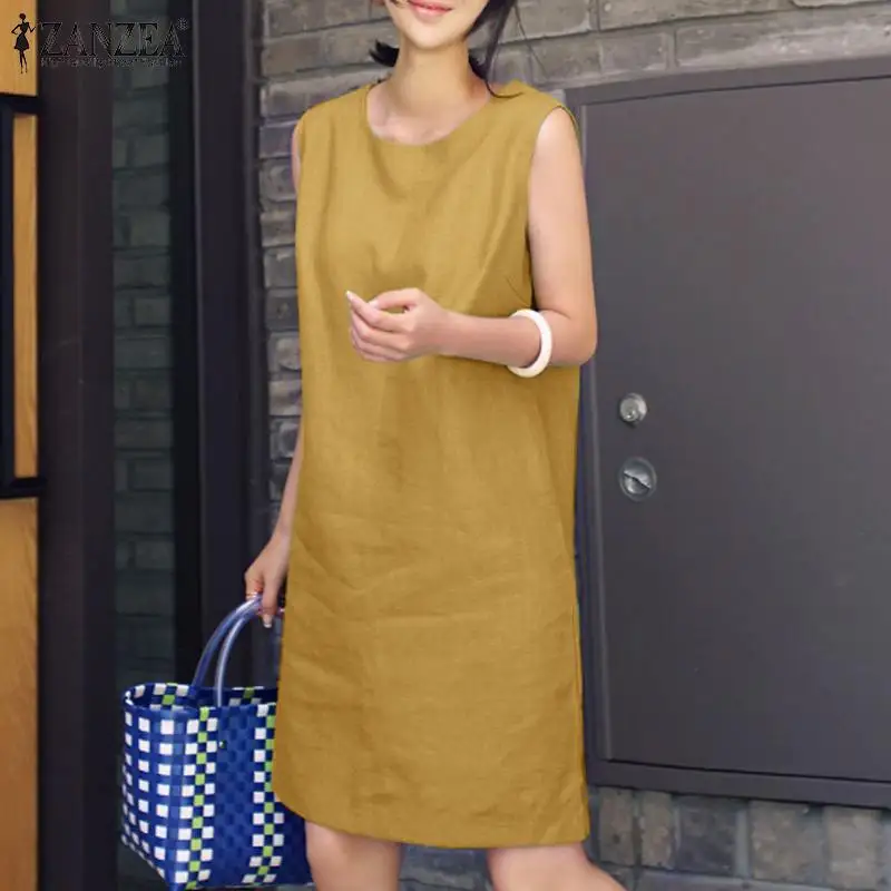 2024 Summer Dress ZANZEA Fashion Sleeveless Beach Vestidos Office Work Sundress Women Elegant Solid Color Dresses Robe Femme