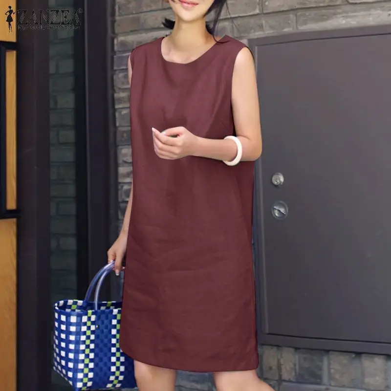 2024 Summer Dress ZANZEA Fashion Sleeveless Beach Vestidos Office Work Sundress Women Elegant Solid Color Dresses Robe Femme