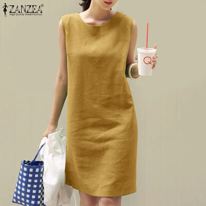 2024 Summer Dress ZANZEA Fashion Sleeveless Beach Vestidos Office Work Sundress Women Elegant Solid Color Dresses Robe Femme