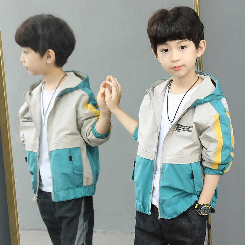 2025 New Splicing Boys Coat Spring Autumn Letter Printing Handsome Hooded Windbreak For 4-12 Years Kids Sports Leisure Outerwear