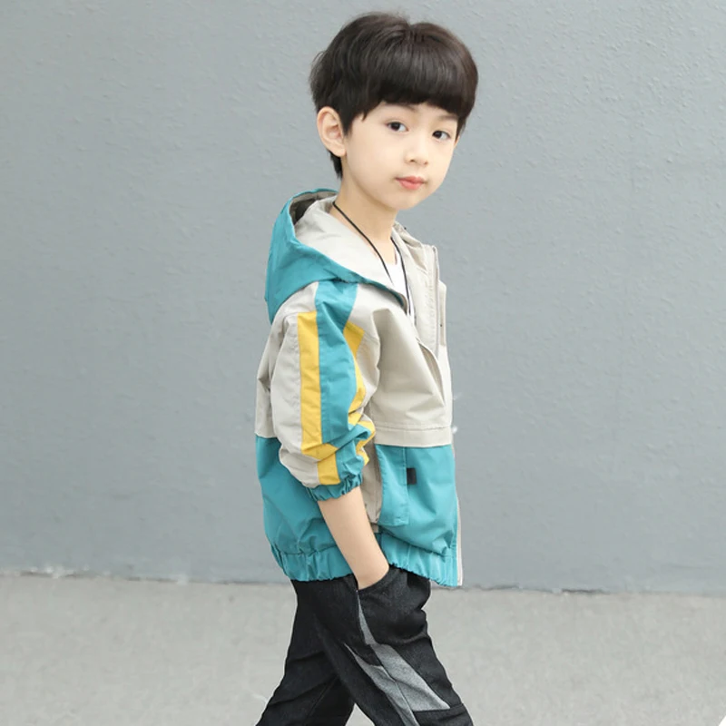 2025 New Splicing Boys Coat Spring Autumn Letter Printing Handsome Hooded Windbreak For 4-12 Years Kids Sports Leisure Outerwear
