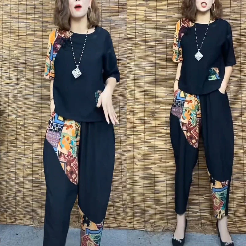 Women's Casual Suit 2024 Summer New Slim Short Sleeve T-Shirt Top Harlan Cropped Pants Plus Fashion Cotton Linen 2 Two Piece Set