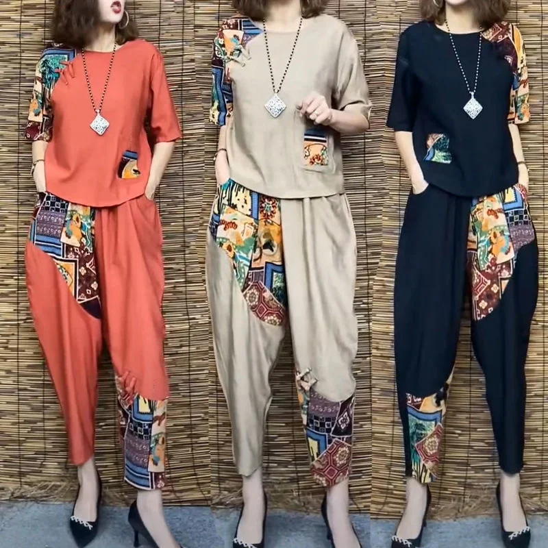 Women's Casual Suit 2024 Summer New Slim Short Sleeve T-Shirt Top Harlan Cropped Pants Plus Fashion Cotton Linen 2 Two Piece Set