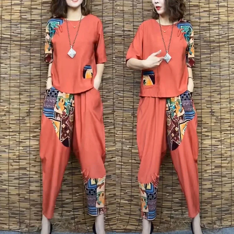 Women's Casual Suit 2024 Summer New Slim Short Sleeve T-Shirt Top Harlan Cropped Pants Plus Fashion Cotton Linen 2 Two Piece Set