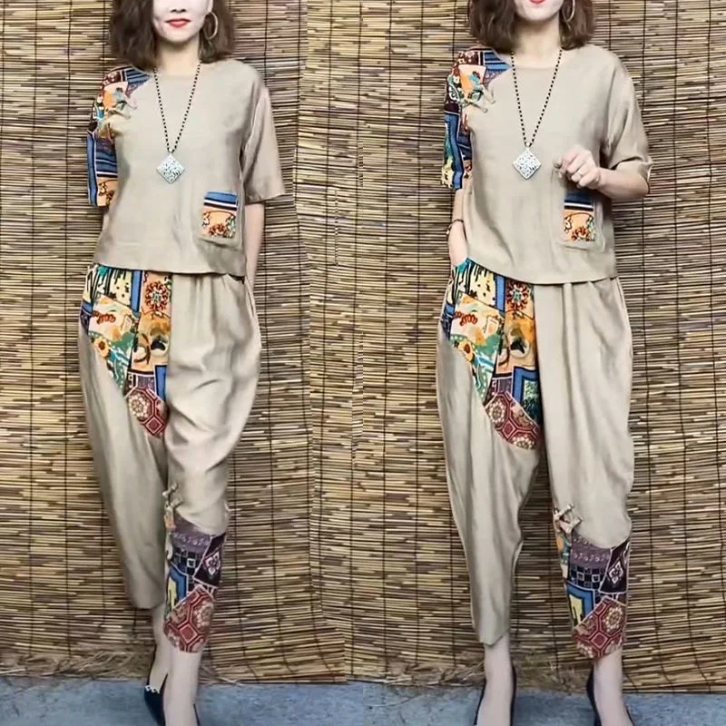 Women's Casual Suit 2024 Summer New Slim Short Sleeve T-Shirt Top Harlan Cropped Pants Plus Fashion Cotton Linen 2 Two Piece Set