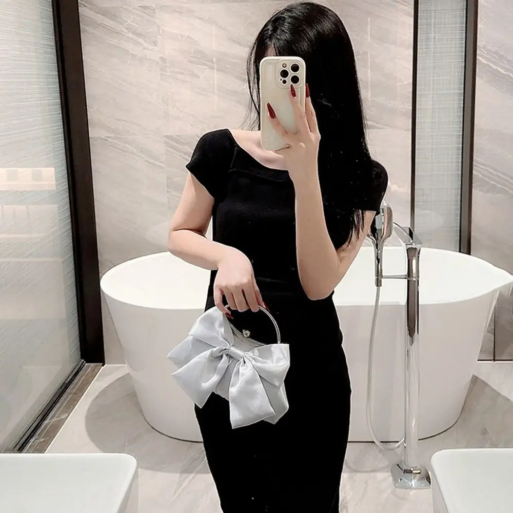 Gold Bright Silk Bowknot Evening Bag Women Elegant Fashion Banquet Clutch Chain Shoulder Bags Luxury Purse Female Party Handbags