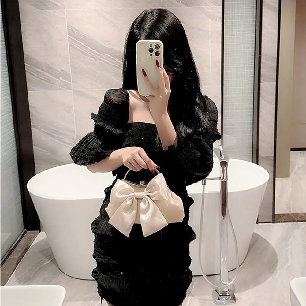 Gold Bright Silk Bowknot Evening Bag Women Elegant Fashion Banquet Clutch Chain Shoulder Bags Luxury Purse Female Party Handbags