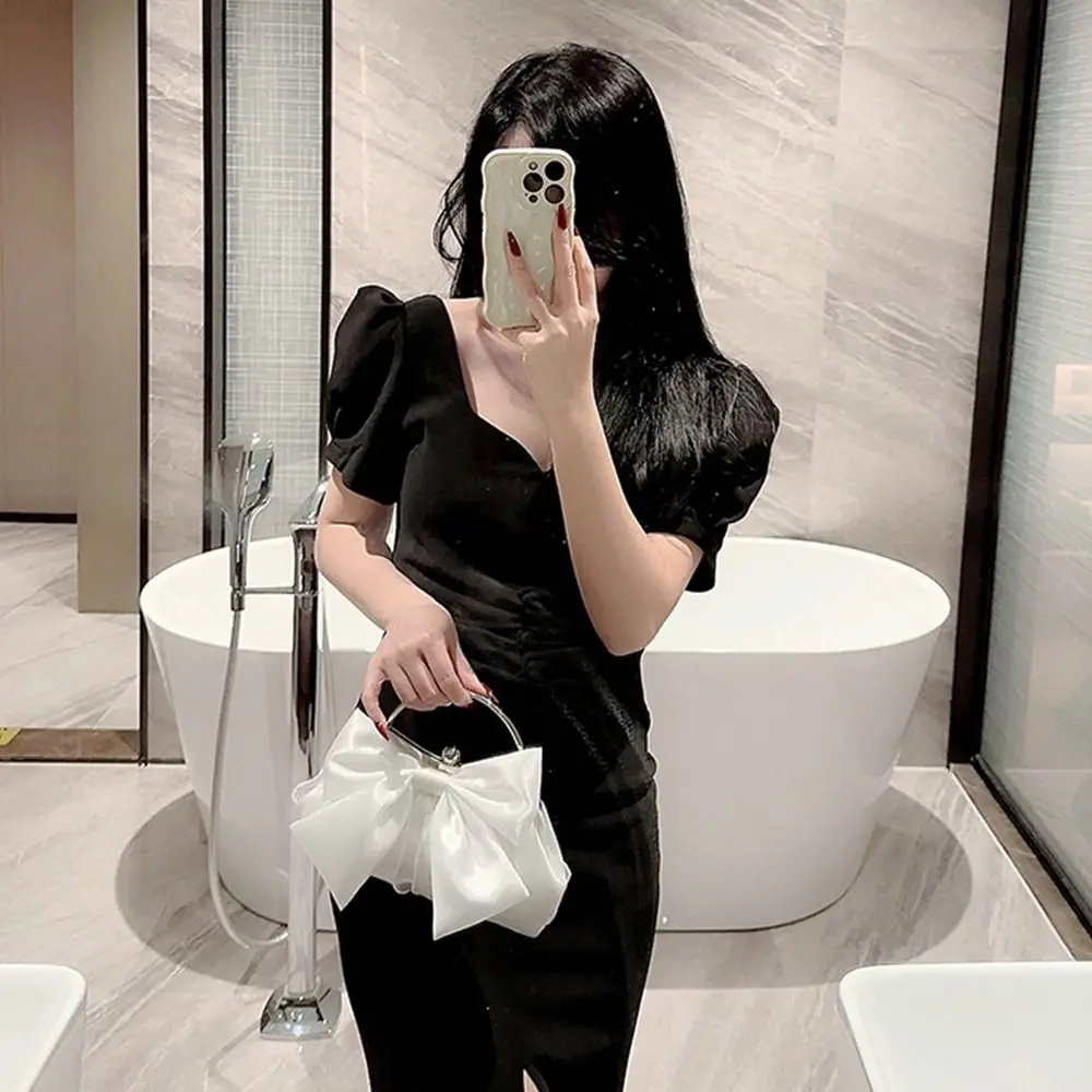 Gold Bright Silk Bowknot Evening Bag Women Elegant Fashion Banquet Clutch Chain Shoulder Bags Luxury Purse Female Party Handbags
