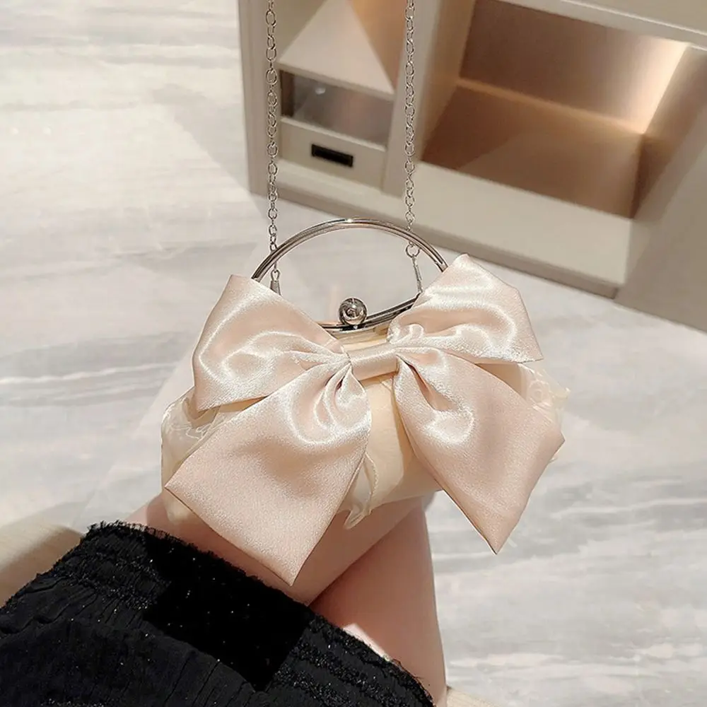 Gold Bright Silk Bowknot Evening Bag Women Elegant Fashion Banquet Clutch Chain Shoulder Bags Luxury Purse Female Party Handbags