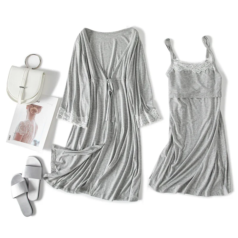 2pcs/Set Pregnancy Pajamas Sleepwear Nursing Pregnant Woman Sling Breastfeeding Nightgown Maternity Labor Dress+Robe Childbirth