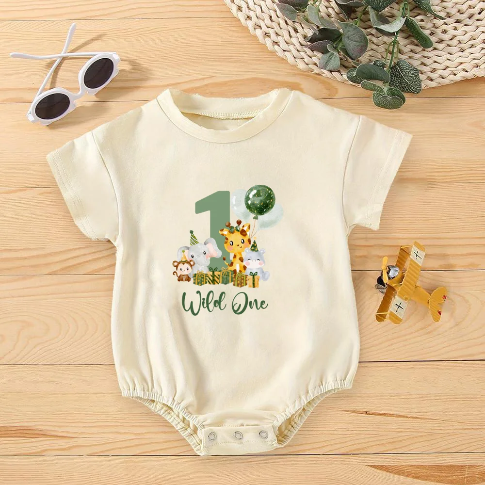 Wild One Animal Printed Short Sleeve Bubble Romper Newborn Oversized Jumpsuit Infant Birthday Party Clothes Baby Shower Bodysuit