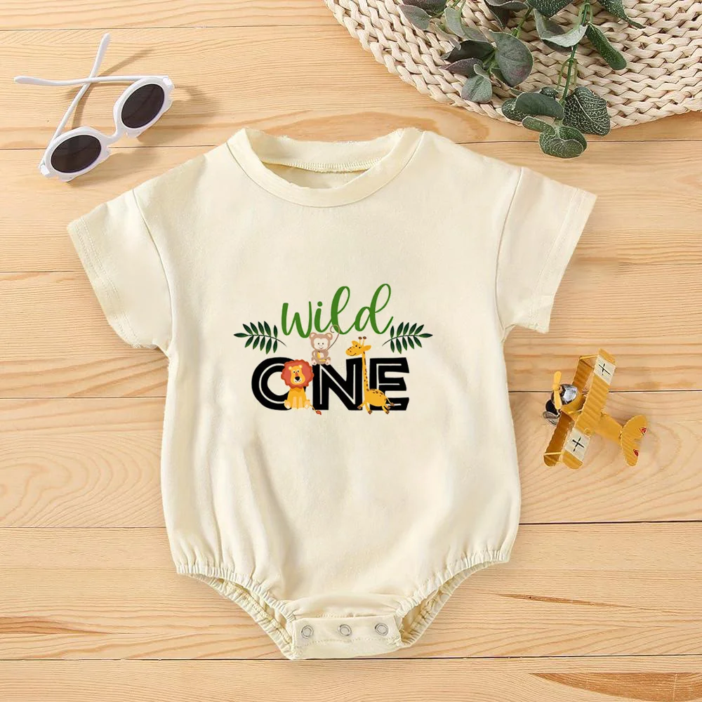 Wild One Animal Printed Short Sleeve Bubble Romper Newborn Oversized Jumpsuit Infant Birthday Party Clothes Baby Shower Bodysuit