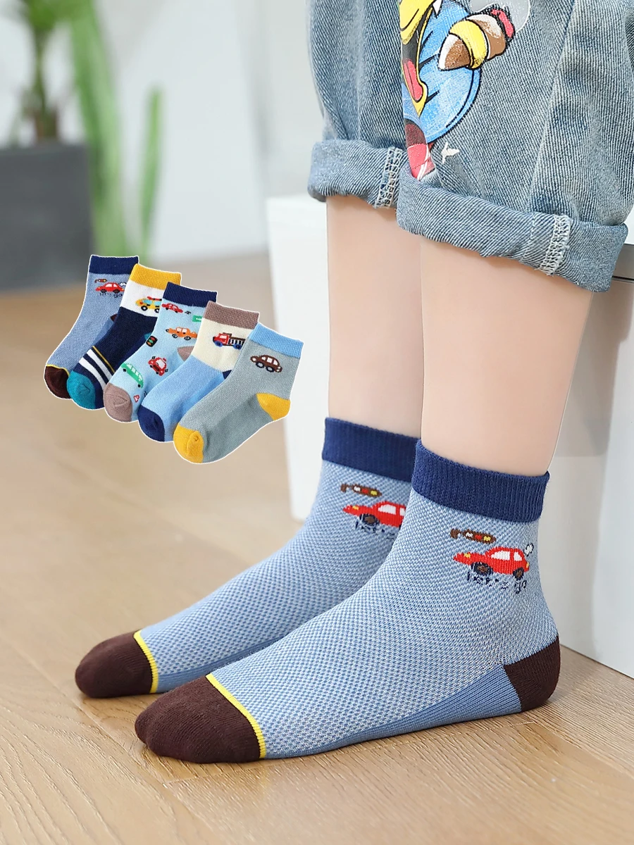 5Pairs/Lot Children's Car Socks Pure Cotton Spring And Summer Thin Boys' Mesh Breathable Sports Socks 3-15Years