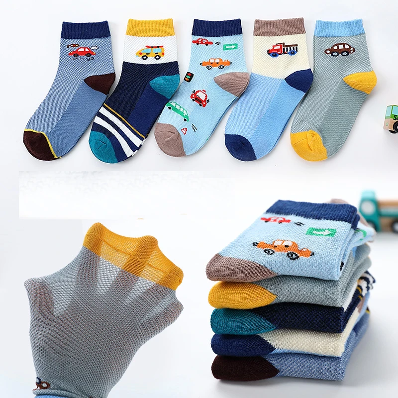 5Pairs/Lot Children's Car Socks Pure Cotton Spring And Summer Thin Boys' Mesh Breathable Sports Socks 3-15Years