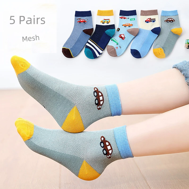 5Pairs/Lot Children's Car Socks Pure Cotton Spring And Summer Thin Boys' Mesh Breathable Sports Socks 3-15Years