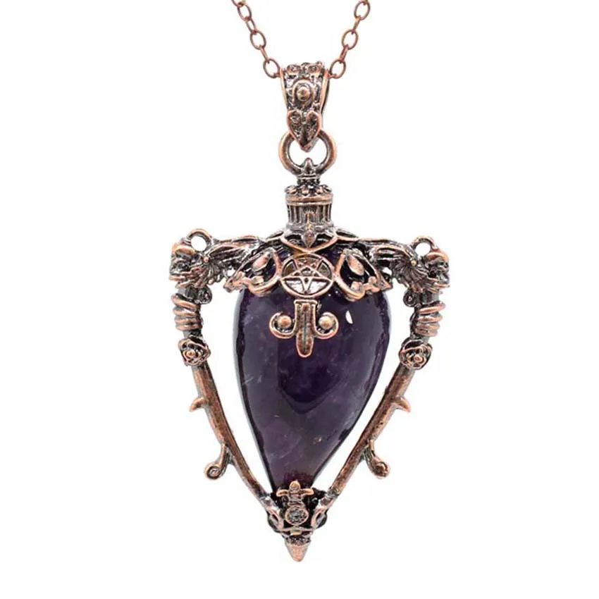 Water Drop Crystal Pendant Necklace for Men and Women Natural Amethyst Rose Quartz Onyx Lapis Lazuli Opal Antique Stone Jewelry