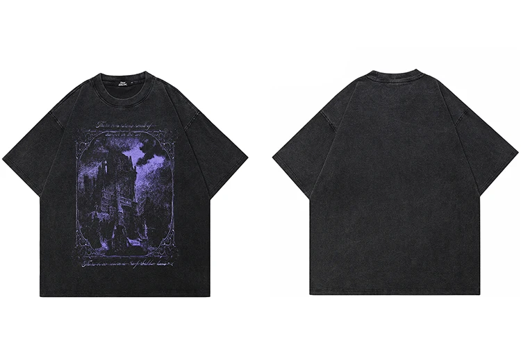 Hip Hop Washed Black T-Shirt Streetwear Vintage Purple Graphic Horror Castle T Shirt Cotton Tshirt Men Tops Tees Unisex Y2K