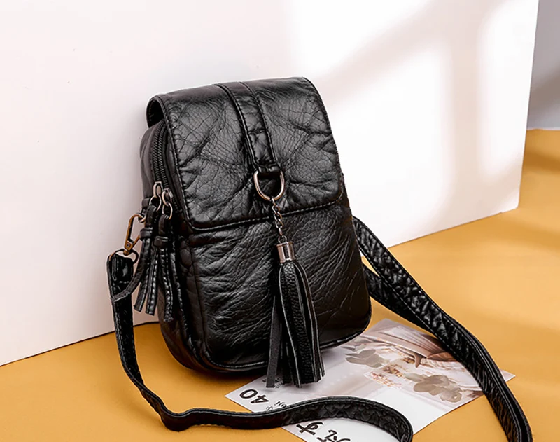 Soft Leather Crossbody Bags for Women High Quality Solid Color Tassel Shoulder Bag Retro Cell Phone Purse Handbags