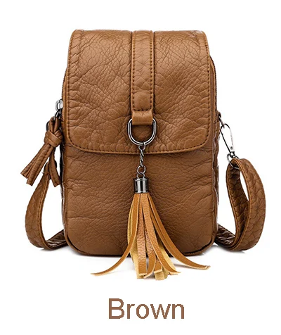 Soft Leather Crossbody Bags for Women High Quality Solid Color Tassel Shoulder Bag Retro Cell Phone Purse Handbags