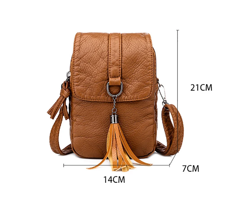 Soft Leather Crossbody Bags for Women High Quality Solid Color Tassel Shoulder Bag Retro Cell Phone Purse Handbags