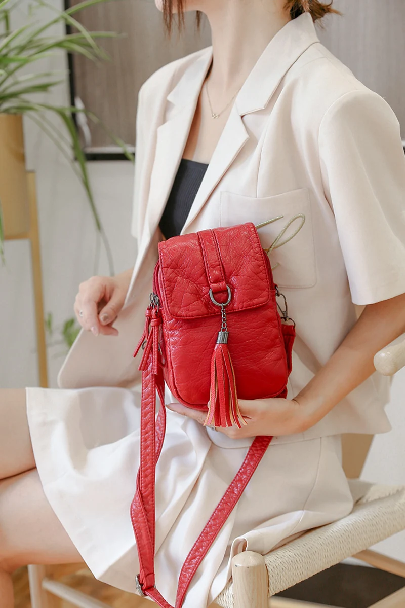 Soft Leather Crossbody Bags for Women High Quality Solid Color Tassel Shoulder Bag Retro Cell Phone Purse Handbags