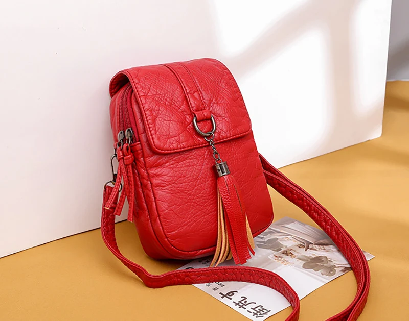 Soft Leather Crossbody Bags for Women High Quality Solid Color Tassel Shoulder Bag Retro Cell Phone Purse Handbags