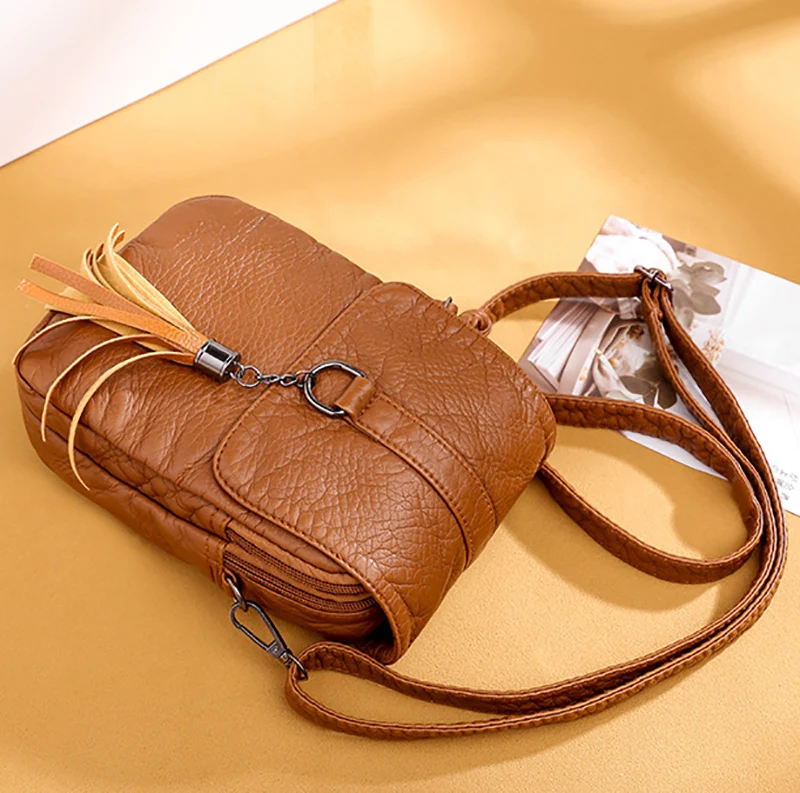 Soft Leather Crossbody Bags for Women High Quality Solid Color Tassel Shoulder Bag Retro Cell Phone Purse Handbags